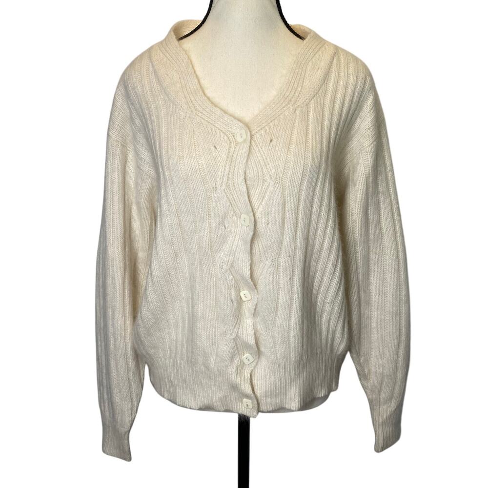 Vintage Saks Fifth Avenue Knit Cardigan Sweater Large Cream Lambswool Angora‎